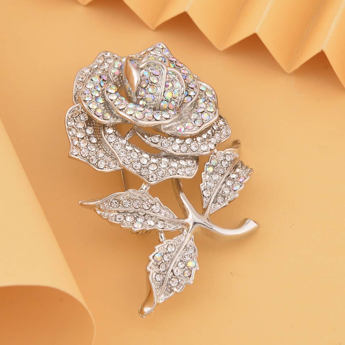 White Austrian Crystal Rose Brooch in Silvertone image number 1