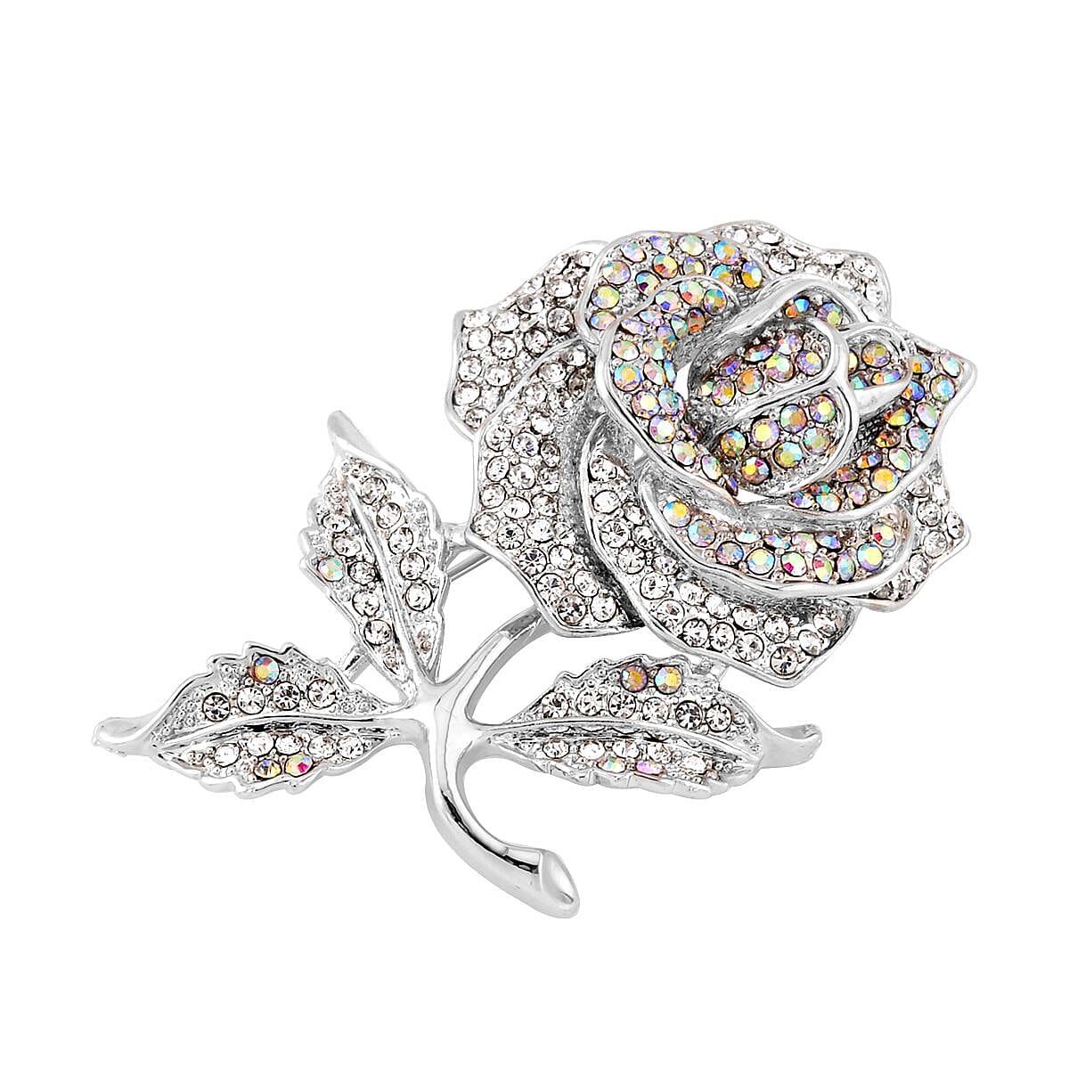White Austrian Crystal Rose Brooch in Silvertone