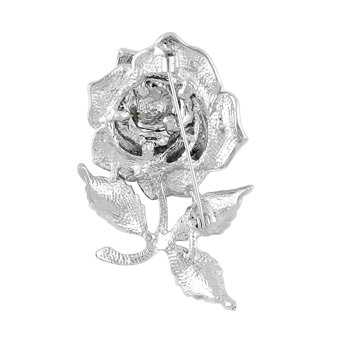 White Austrian Crystal Rose Brooch in Silvertone