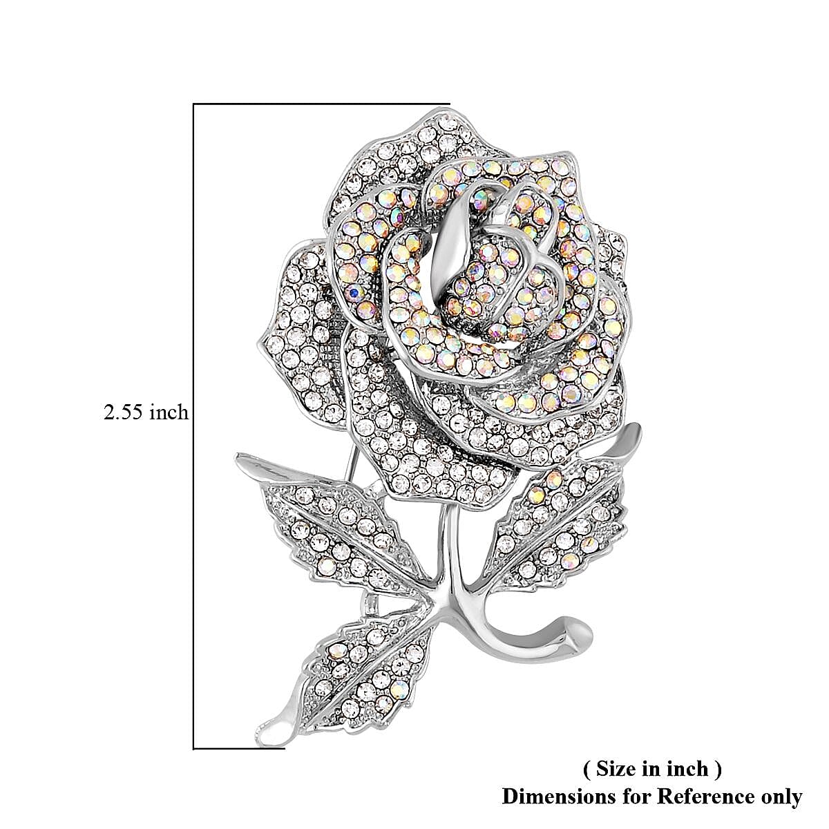 White Austrian Crystal Rose Brooch in Silvertone
