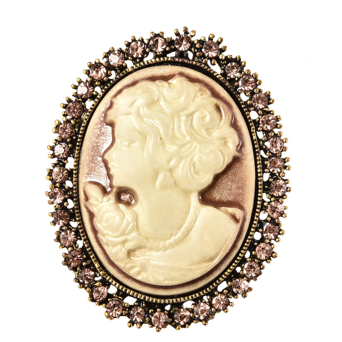 Champagne Austrian Crystal Cameo Brooch in Goldtone image number 0