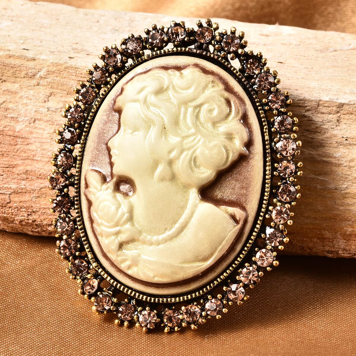 Champagne Austrian Crystal Cameo Brooch in Goldtone image number 1