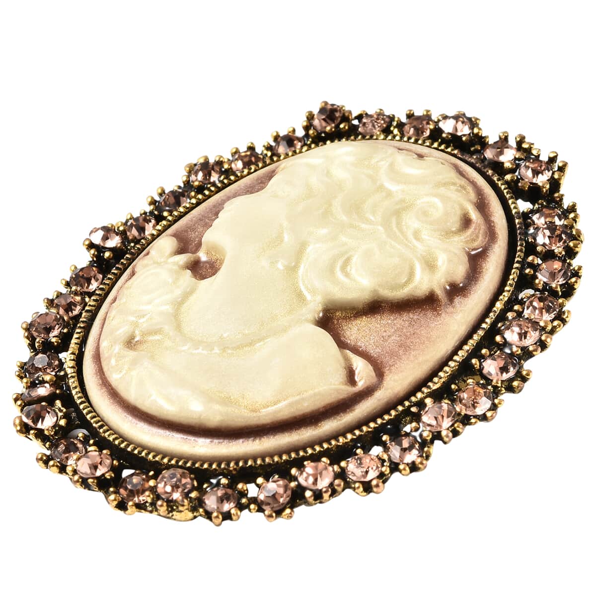 Champagne Austrian Crystal Cameo Brooch in Goldtone image number 2