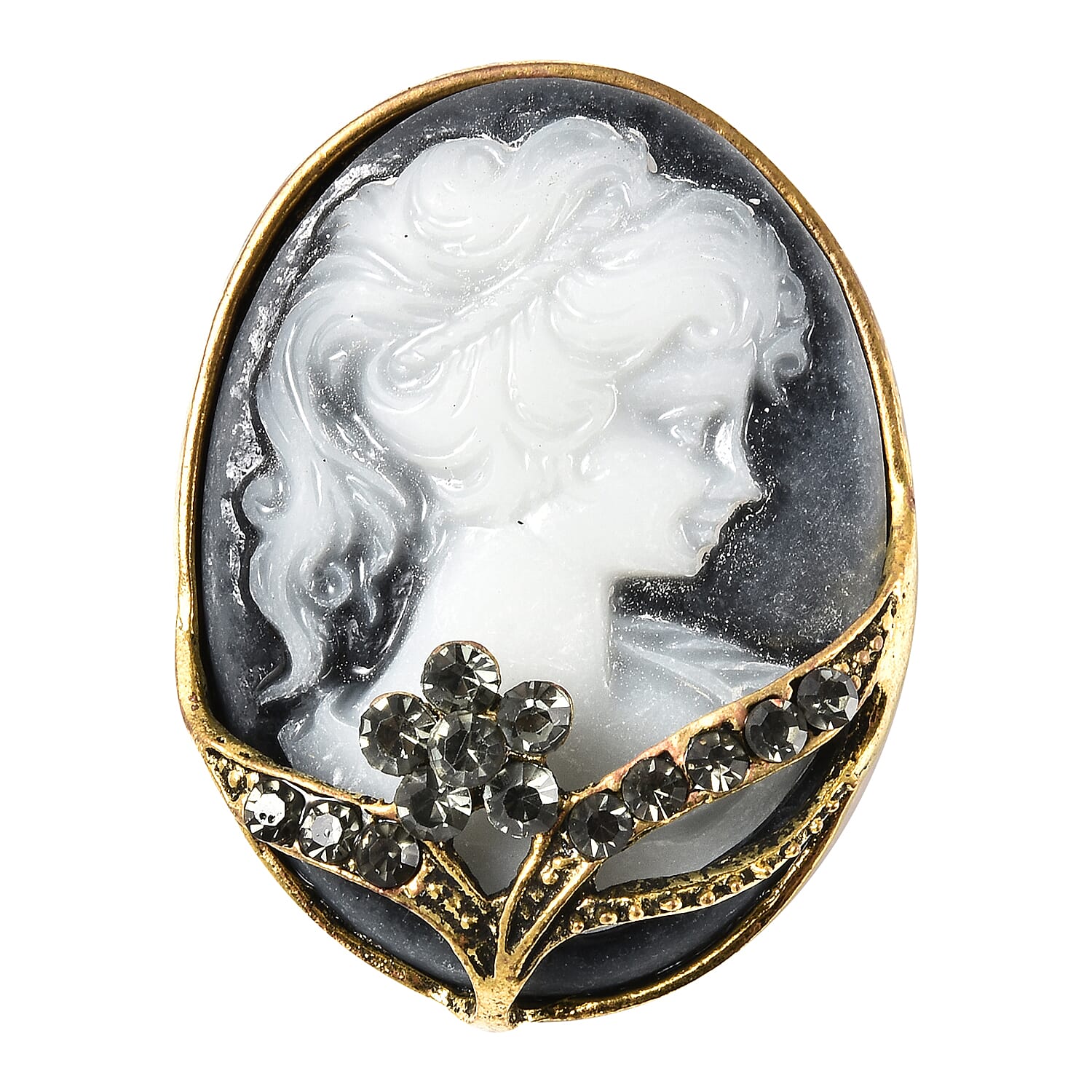 Gray Austrian Crystal Floral Cameo Brooch in Goldtone