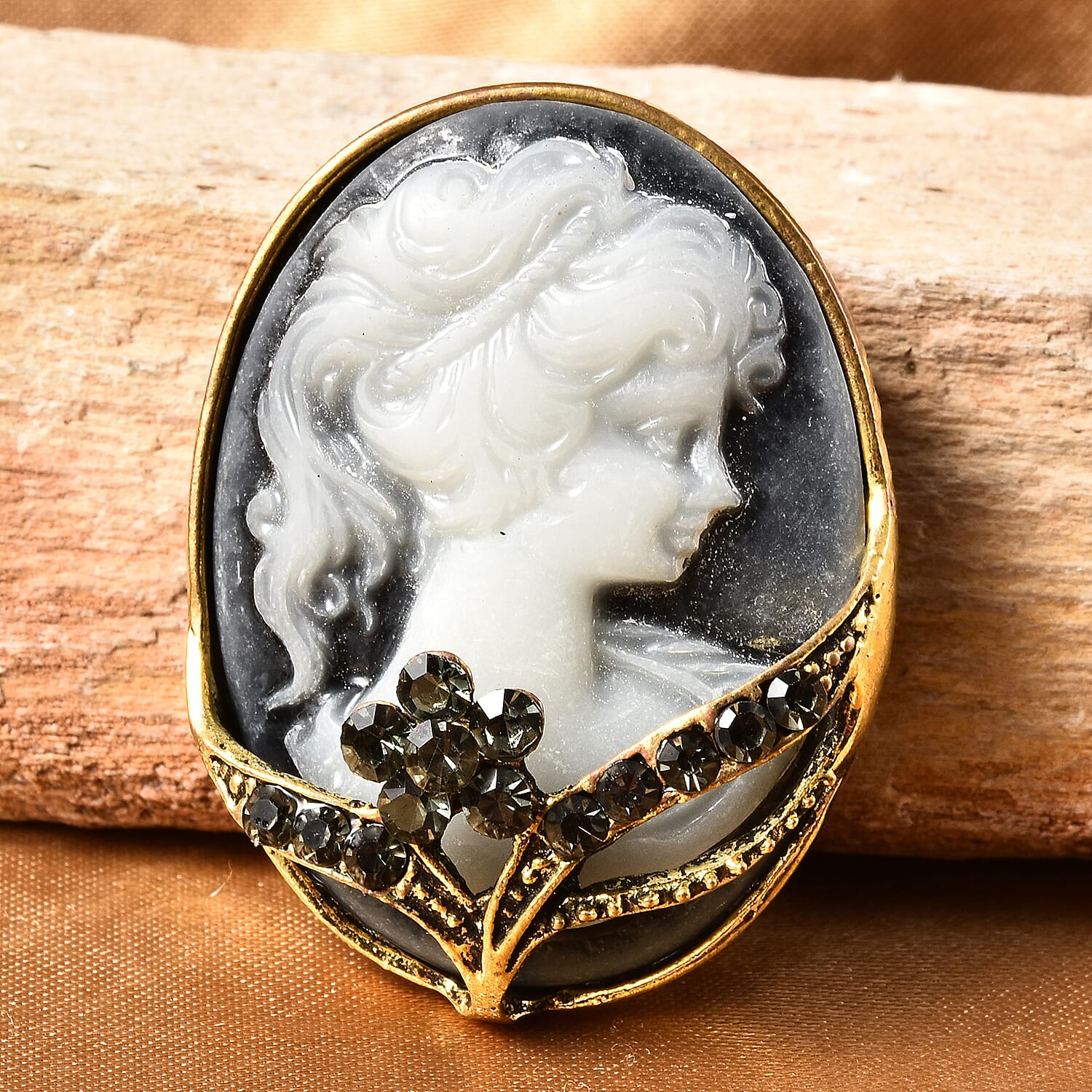 Gray Austrian Crystal Floral Cameo Brooch in Goldtone