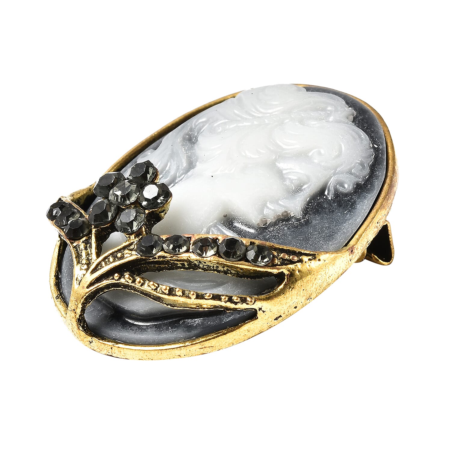 Gray Austrian Crystal Floral Cameo Brooch in Goldtone