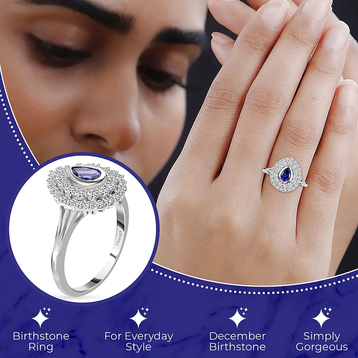 AAA Tanzanite and White Zircon 2.00 ctw Ring in Platinum Over Sterling Silver (Size 5.0) image number 2