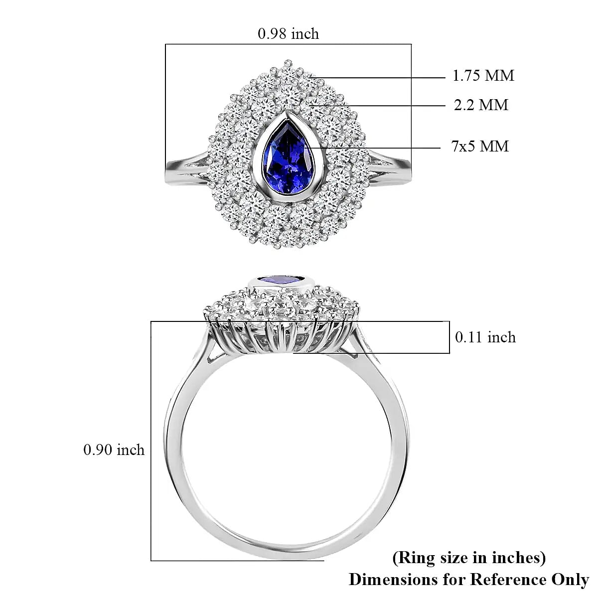 AAA Tanzanite and White Zircon 2.00 ctw Ring in Platinum Over Sterling Silver (Size 5.0) image number 6