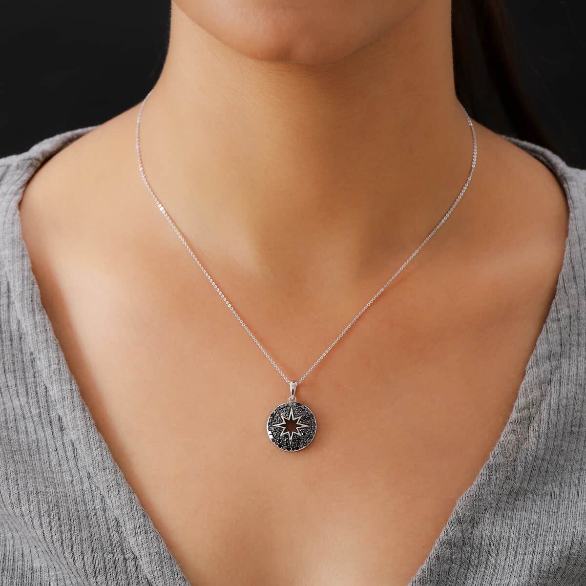 Black Diamond (IR) Star Pendant Necklace (20 Inches) in Rhodium & Platinum Over Sterling Silver 1.00 ctw image number 2