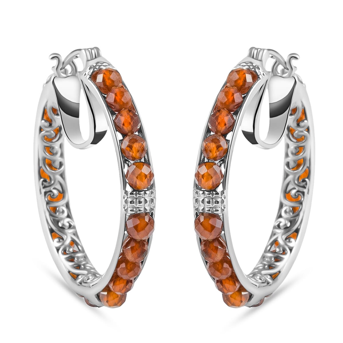 Karis Ratnapura Hessonite Garnet Faceted 25.00 ctw Hoop Earrings in Platinum Bond  image number 0