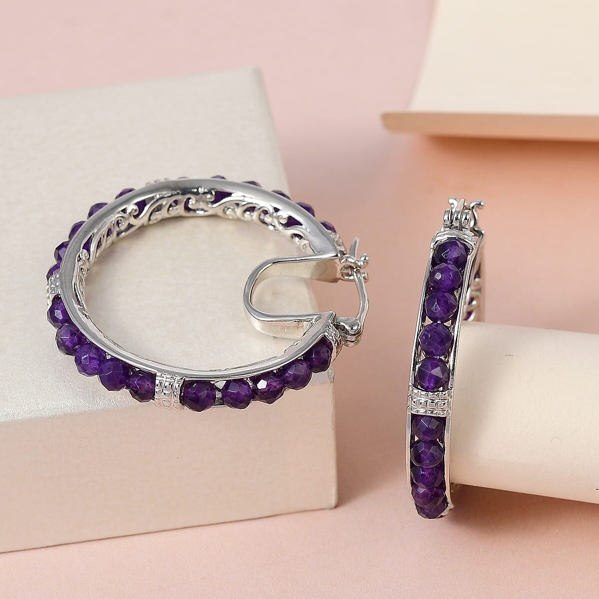 EverTrue Amethyst 20.00 ctw Faceted Hoop Earrings in Platinum Bond image number 3