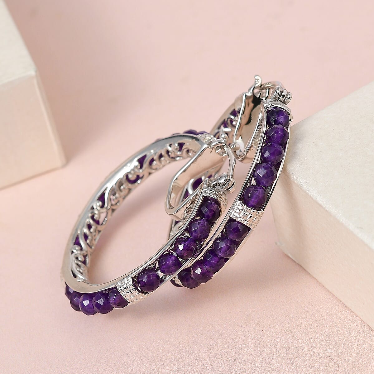 EverTrue Amethyst 20.00 ctw Faceted Hoop Earrings in Platinum Bond image number 4