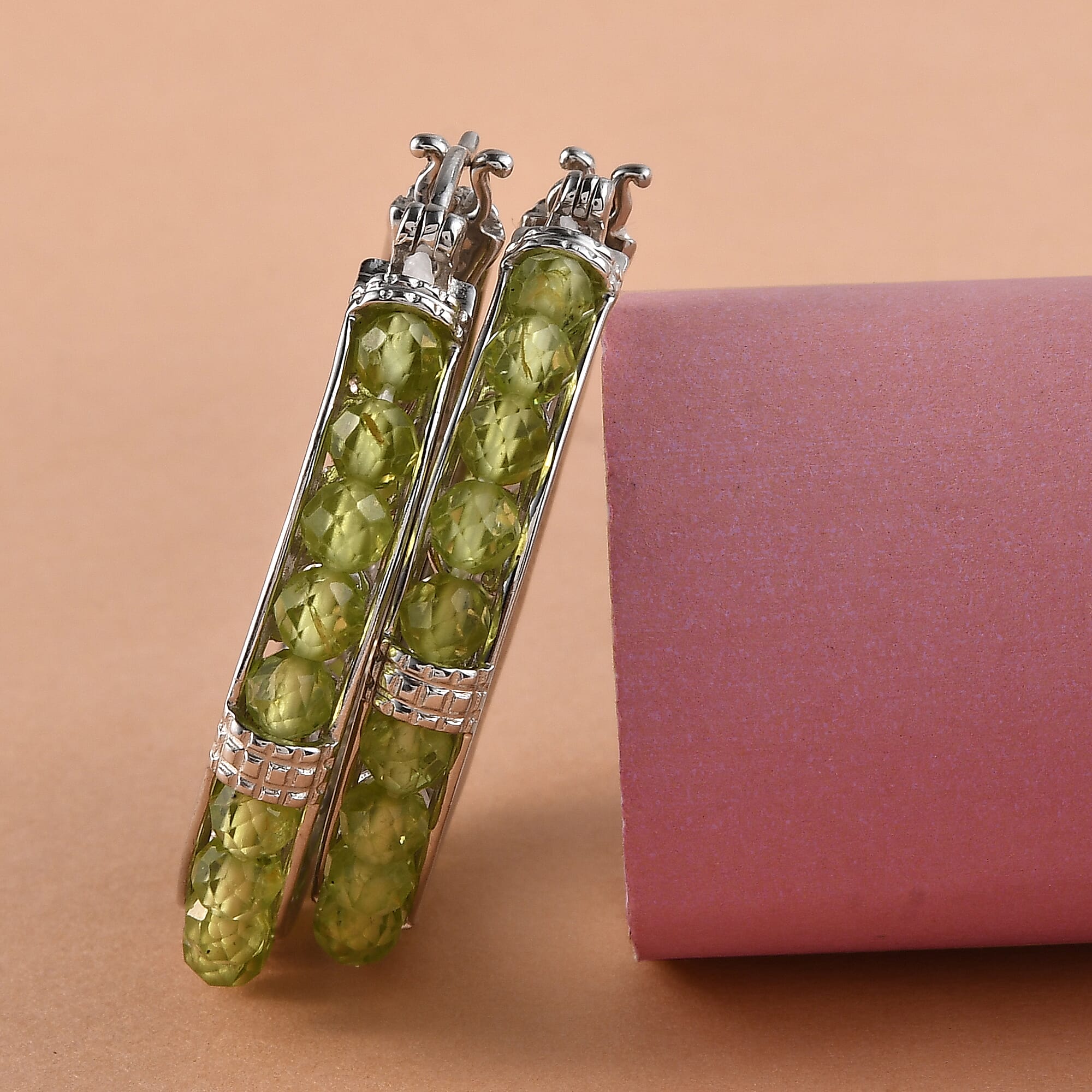 EverTrue Peridot 16.50 ctw  Faceted Hoop Earrings in Platinum Bond