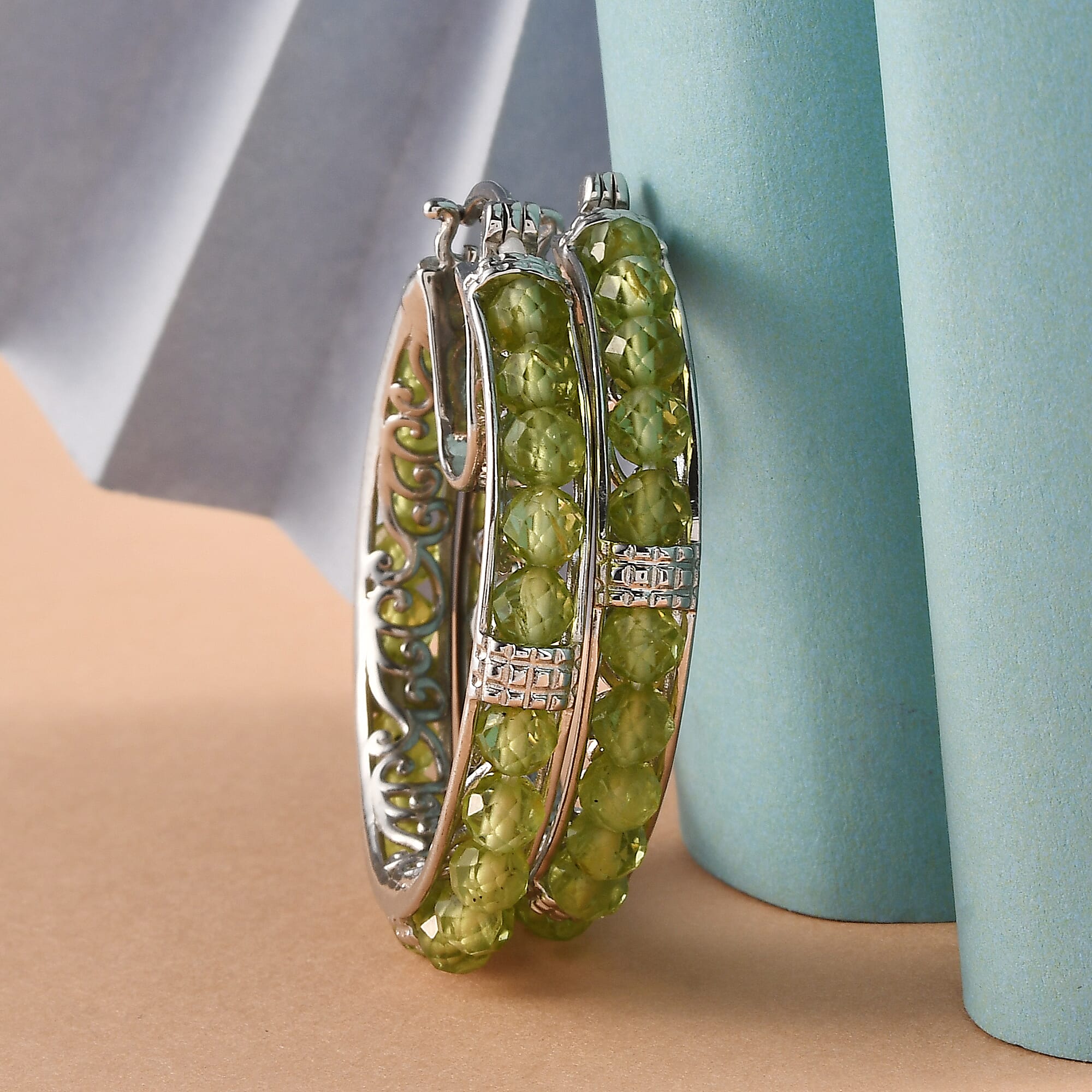 EverTrue Peridot 16.50 ctw  Faceted Hoop Earrings in Platinum Bond