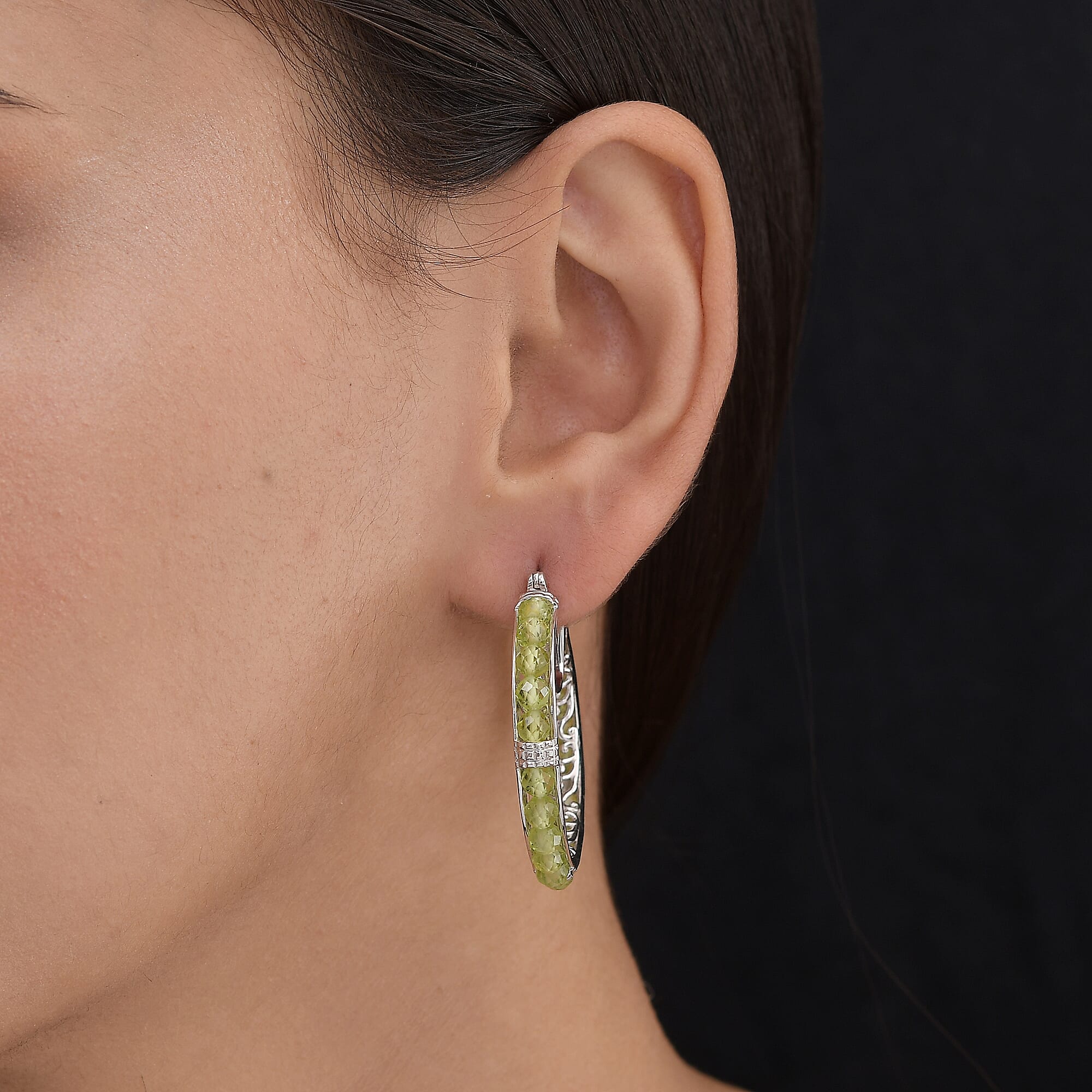 EverTrue Peridot 16.50 ctw  Faceted Hoop Earrings in Platinum Bond
