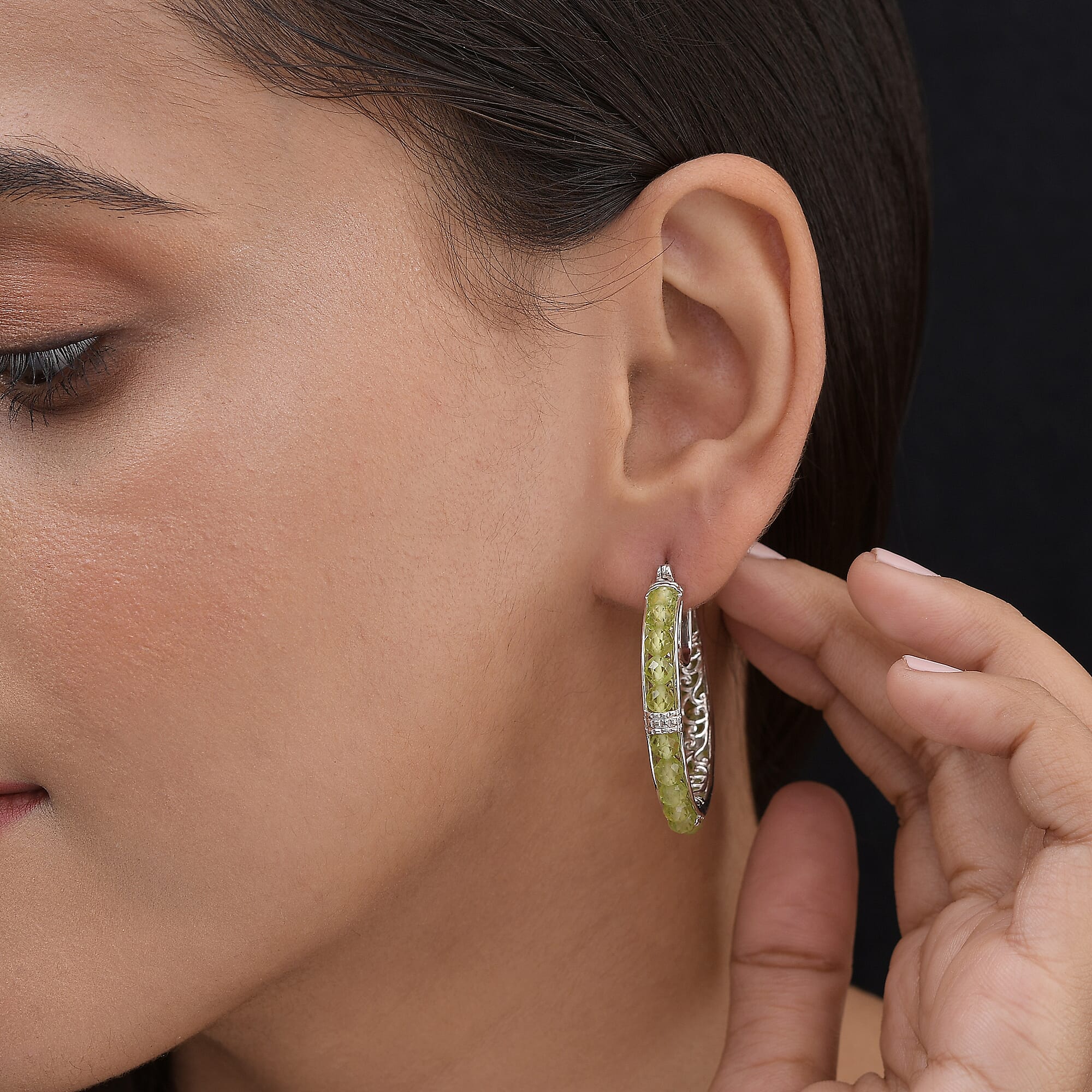 EverTrue Peridot 16.50 ctw  Faceted Hoop Earrings in Platinum Bond