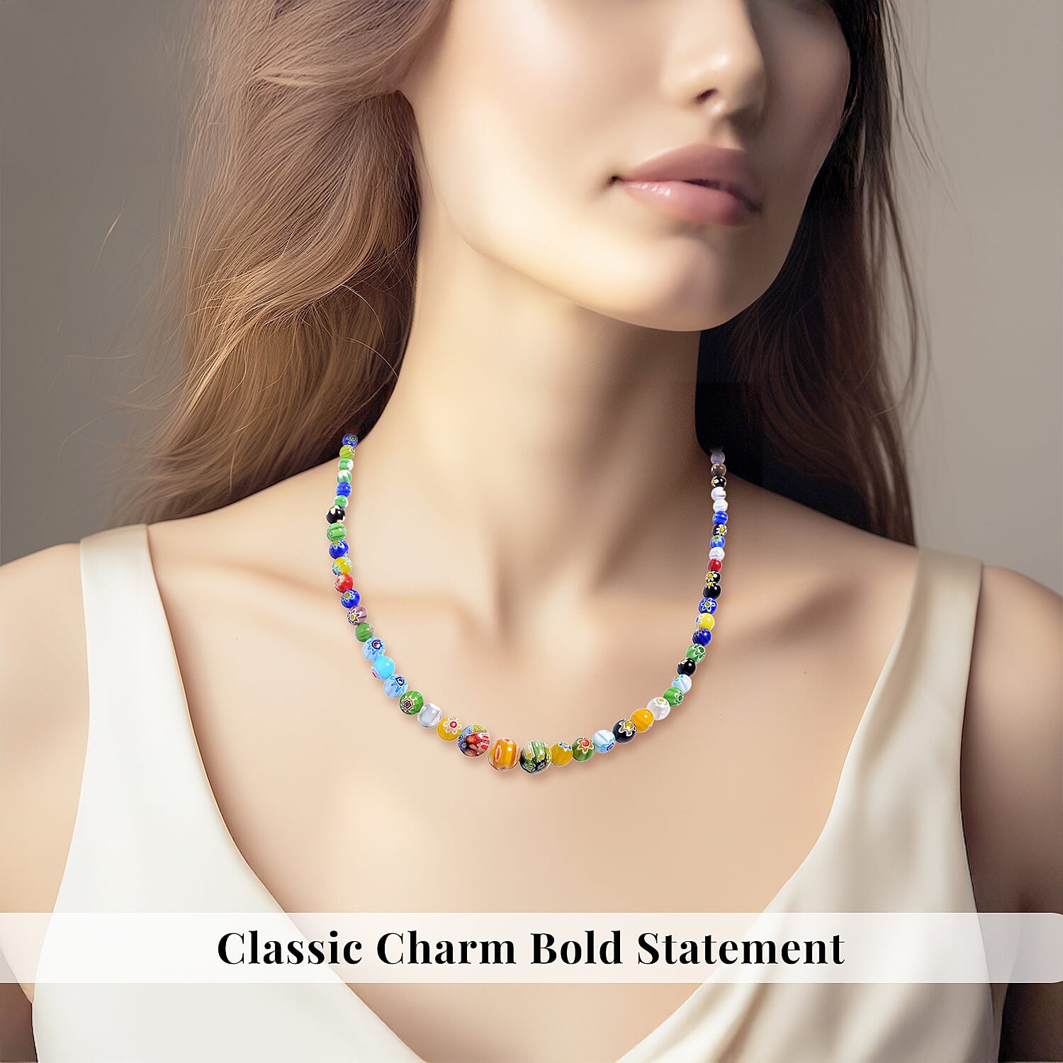 Multi Color Murano Style Beaded Necklace 24 Inches in Stainless Steel