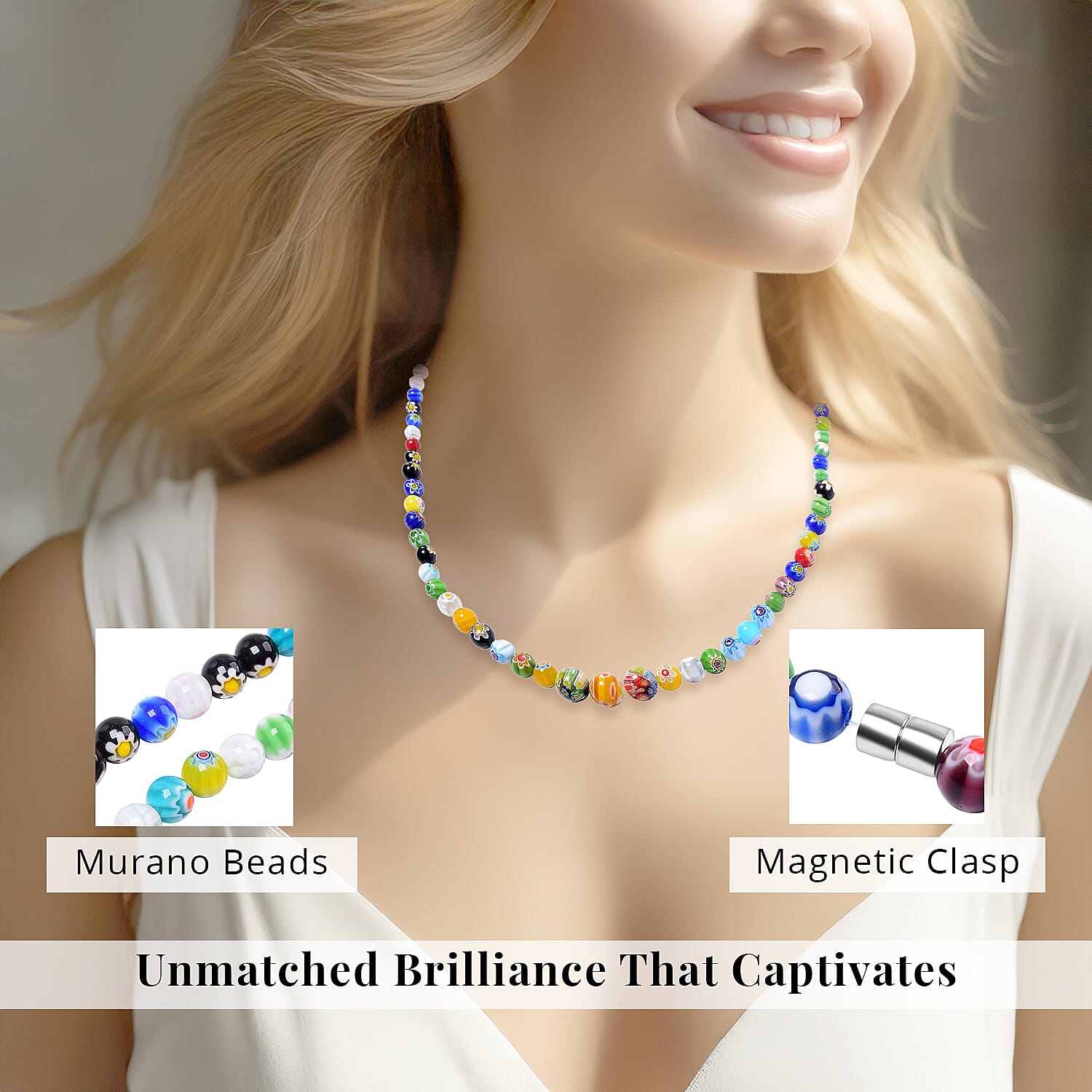Multi Color Murano Style Beaded Necklace 24 Inches in Stainless Steel