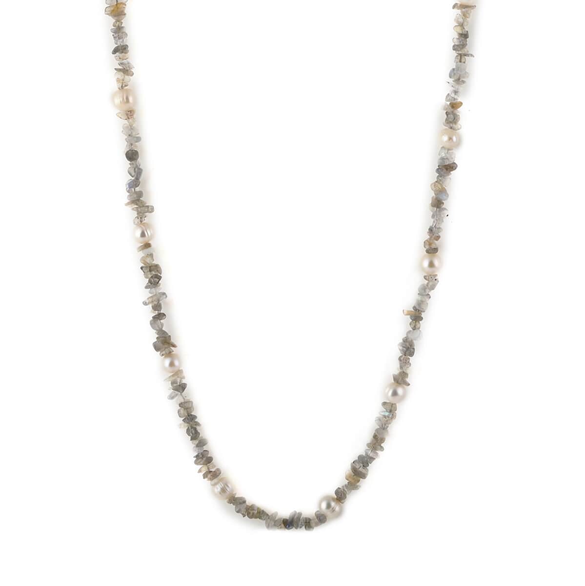 Freshwater Pearl and Malagasy Labradorite Beaded Necklace 36 Inches 235.00 ctw  image number 1