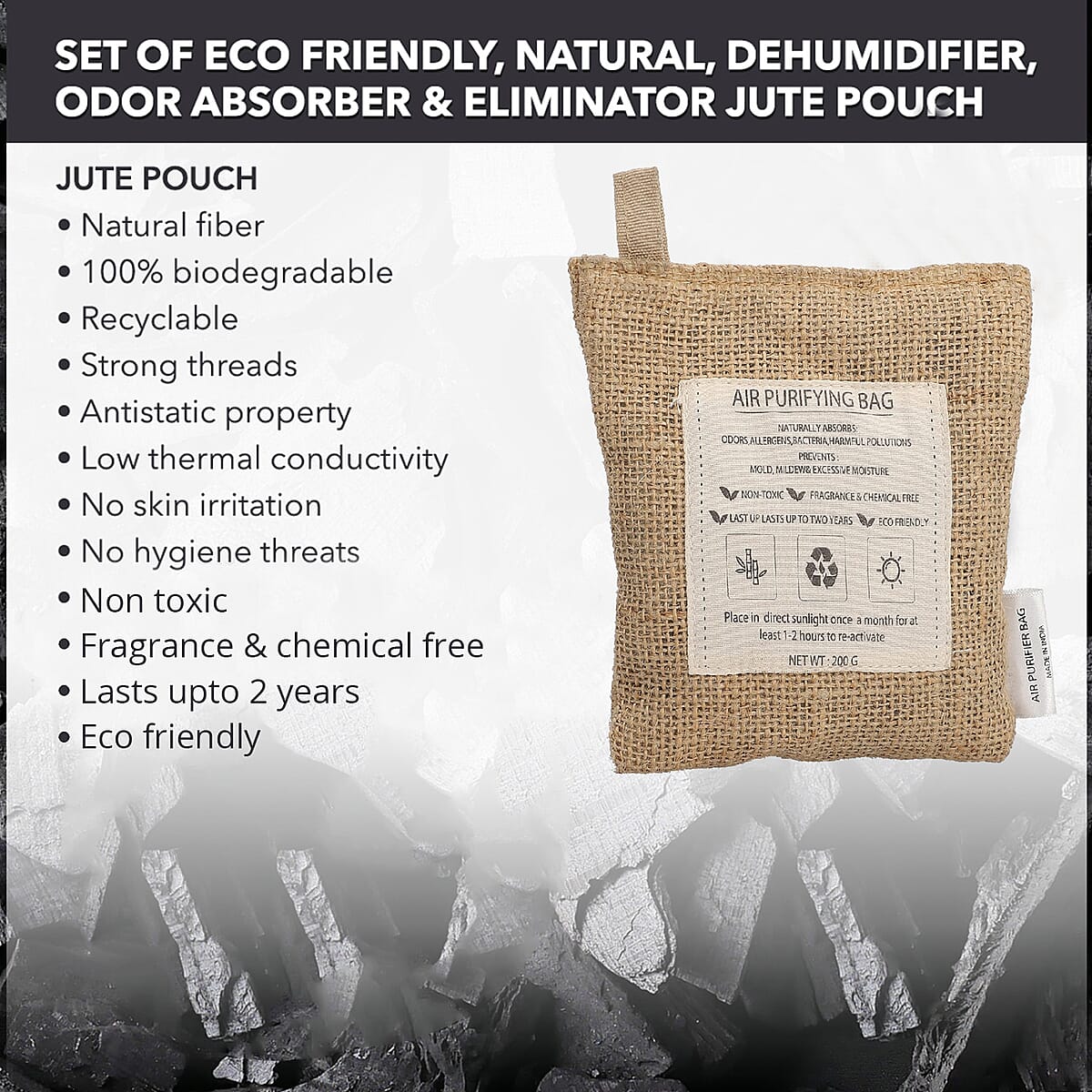 Set of 5 Eco Friendly Natural Filled Dehumidifier Filled Odor Absorber & Eliminator Jute Pouch (200G) image number 2