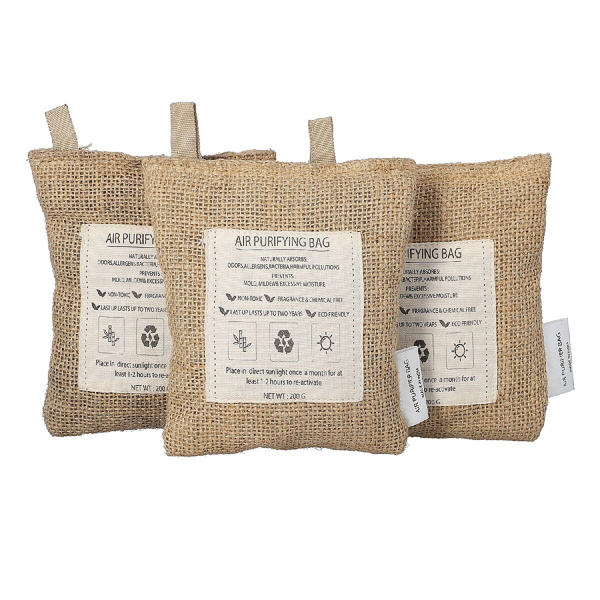 Set of 3 Natural Dehumidifier Filled with Activated Charcoal Odor Absorber & Eliminator Jute Pouches