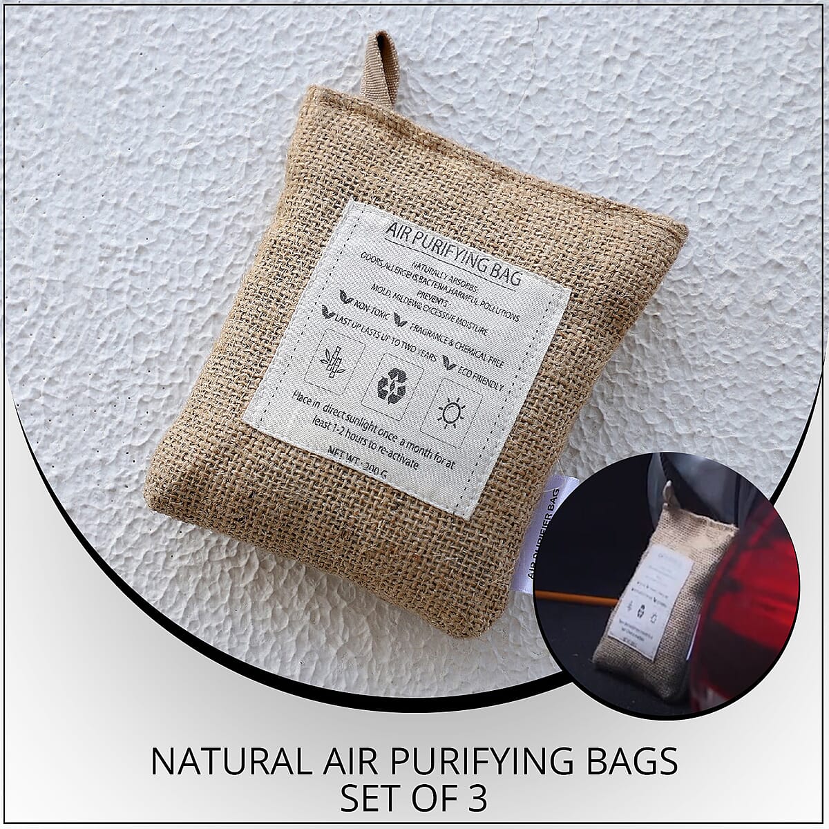 Set of 3 Natural Dehumidifier Filled with Activated Charcoal Odor Absorber & Eliminator Jute Pouches image number 1