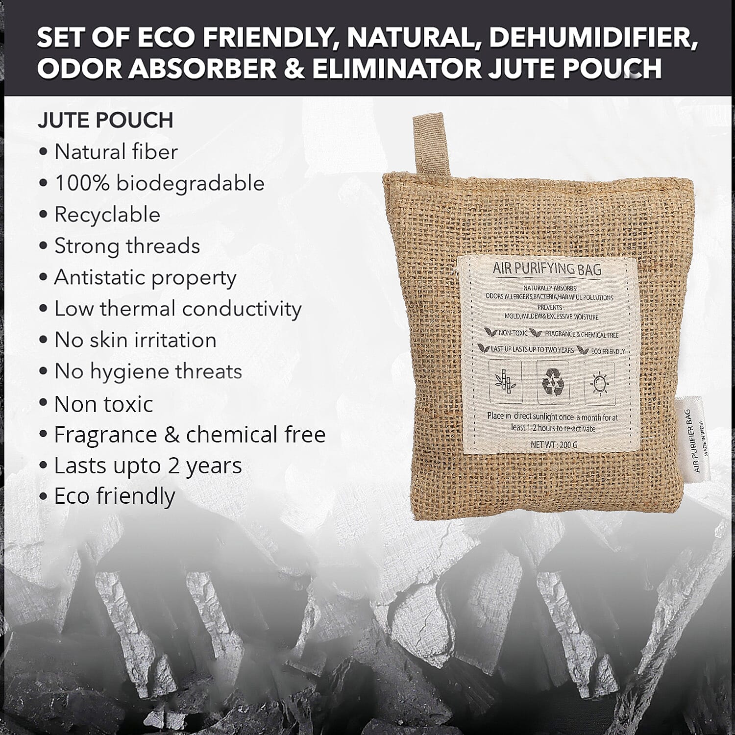 Set of 3 Natural Dehumidifier Filled with Activated Charcoal Odor Absorber & Eliminator Jute Pouches