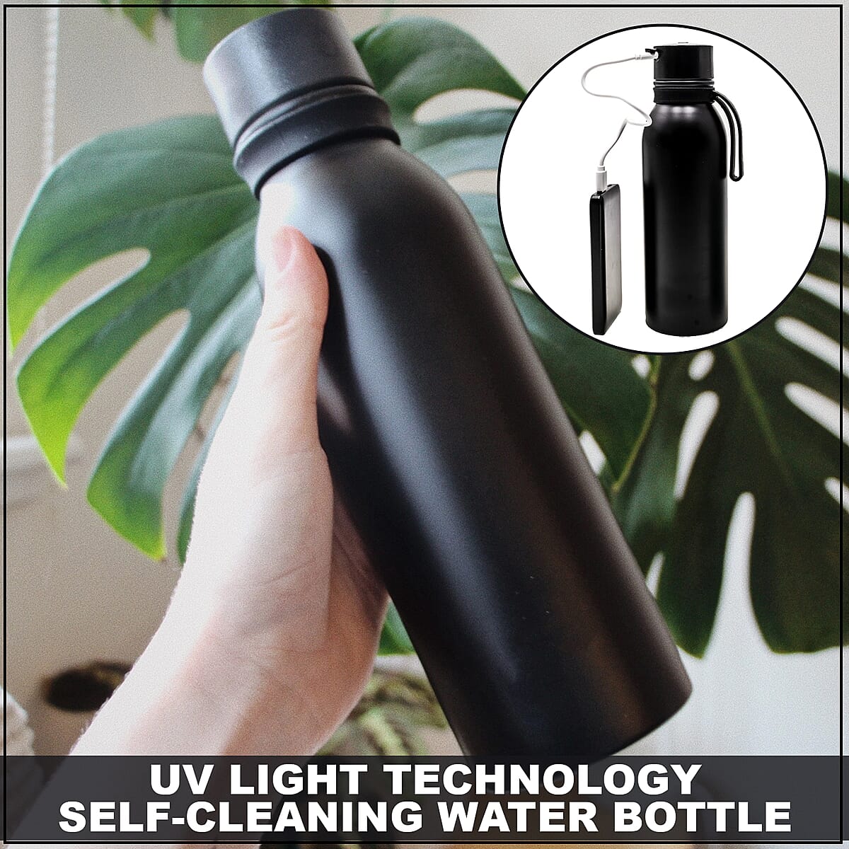 UV Light Technology Self-Cleaning Water Bottle in Black Silicone Stainless Steel (650 ml) image number 1