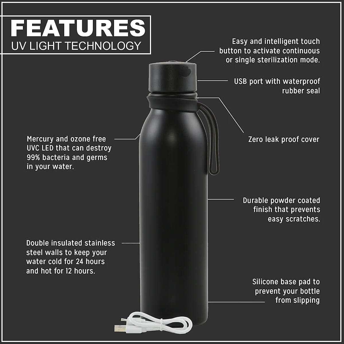 UV Light Technology Self-Cleaning Water Bottle in Black Silicone Stainless Steel (650 ml) image number 2