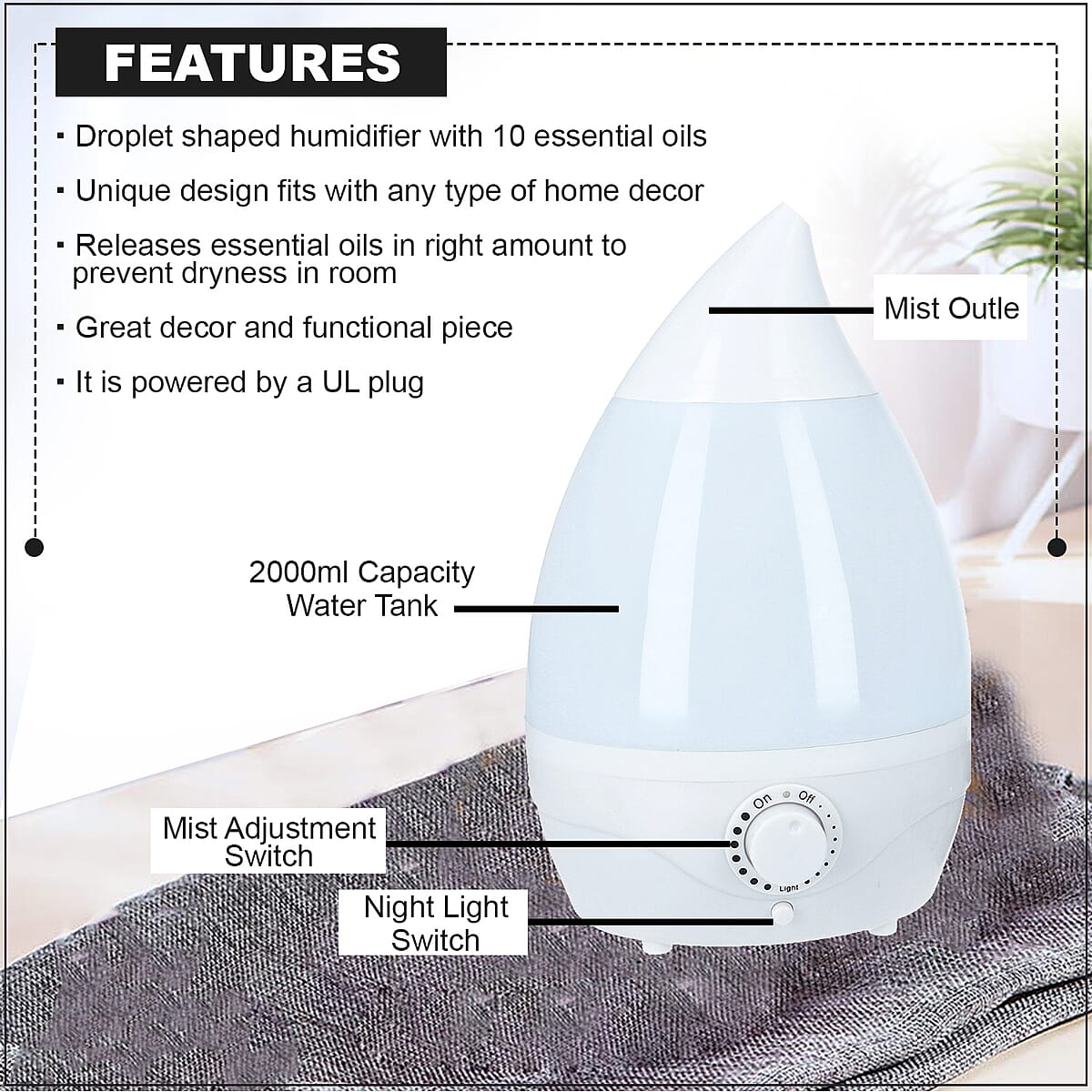 2in1 LED Ultrasound Humidifier Diffuser with 10 Essential Oils (Included: Lavender, Vanilla, Rose, Bluewater, Jasmine, Sandalwood, Musk, Cotton, Fresh Linen, Bamboo) image number 2