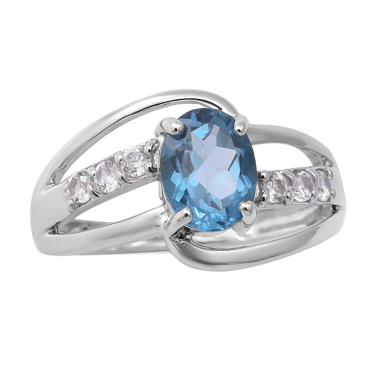 London Blue Topaz and Natural White Zircon Ring in Platinum Over Sterling Silver (Size 10.0) 1.85 ctw