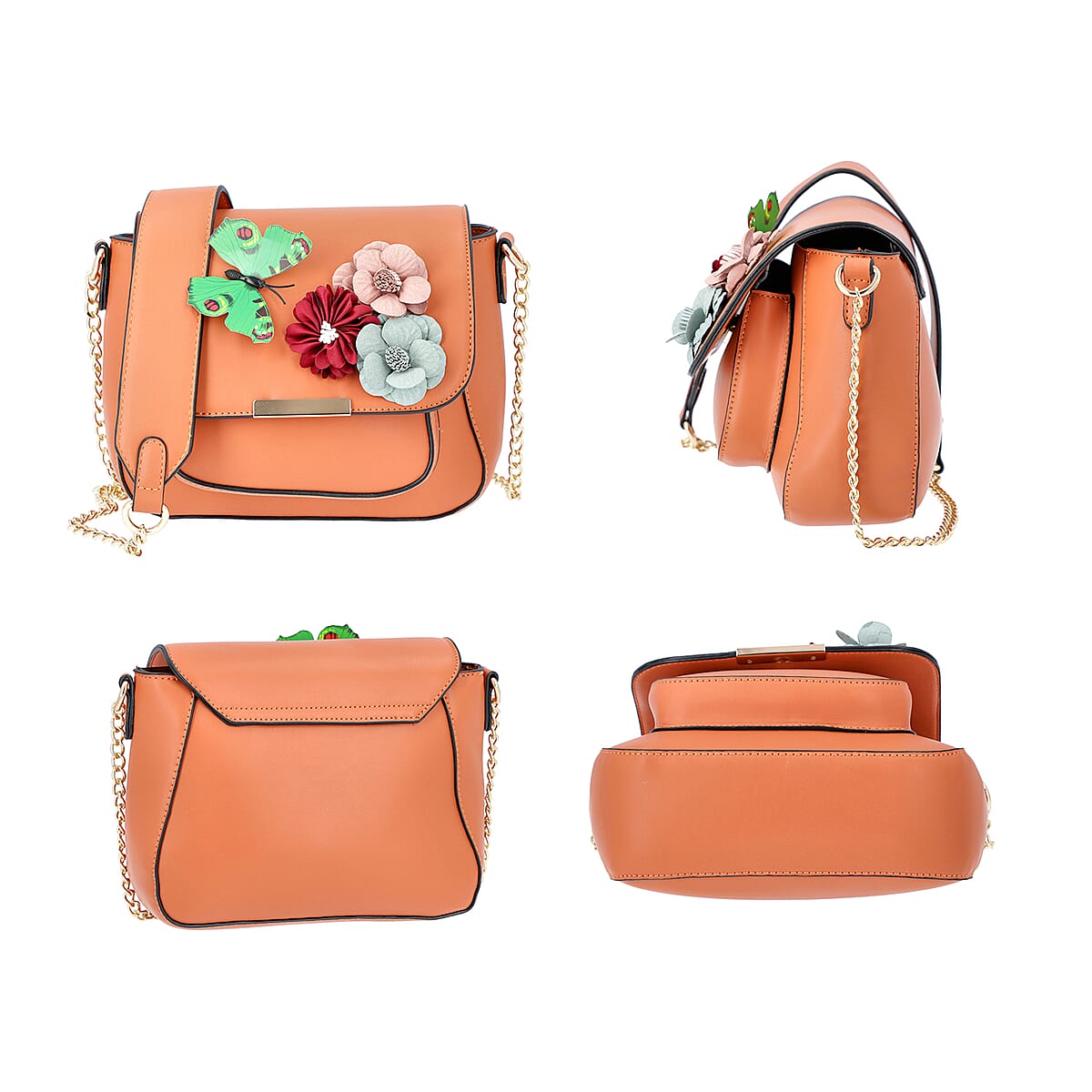 Burnt Orange Faux Leather 3D Floral Butterfly Pattern Flap Crossbody Bag image number 1