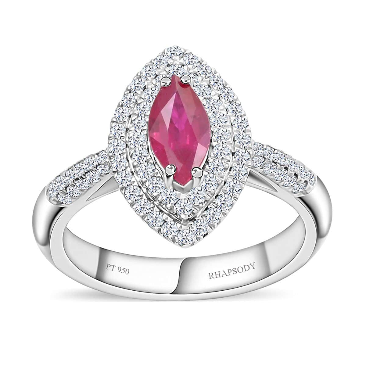 One Of A Kind Certified & Appraised Rhapsody 950 Platinum AAAA Royal Thai Ruby and E-F VS Diamond Ring (Size 6.0) 7.60 Grams 1.10 ctw image number 0