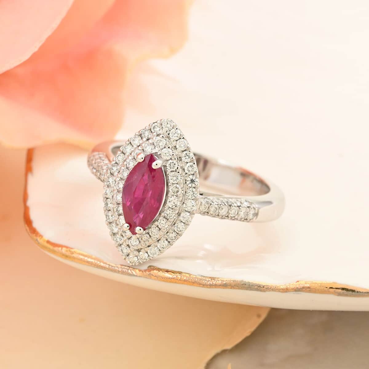 One Of A Kind Certified & Appraised Rhapsody 950 Platinum AAAA Royal Thai Ruby and E-F VS Diamond Ring (Size 6.0) 7.60 Grams 1.10 ctw image number 1