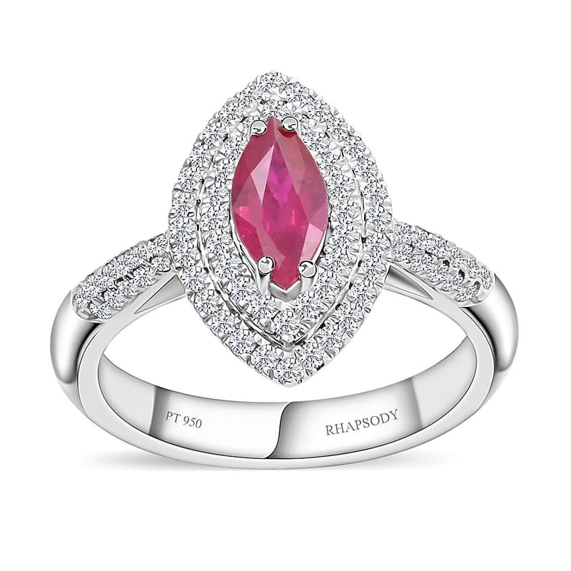 One Of A Kind Certified & Appraised Rhapsody AAAA Royal Thai Ruby and E-F VS Diamond 1.10 ctw Ring in 950 Platinum (Size 7.0) 7.60 Grams