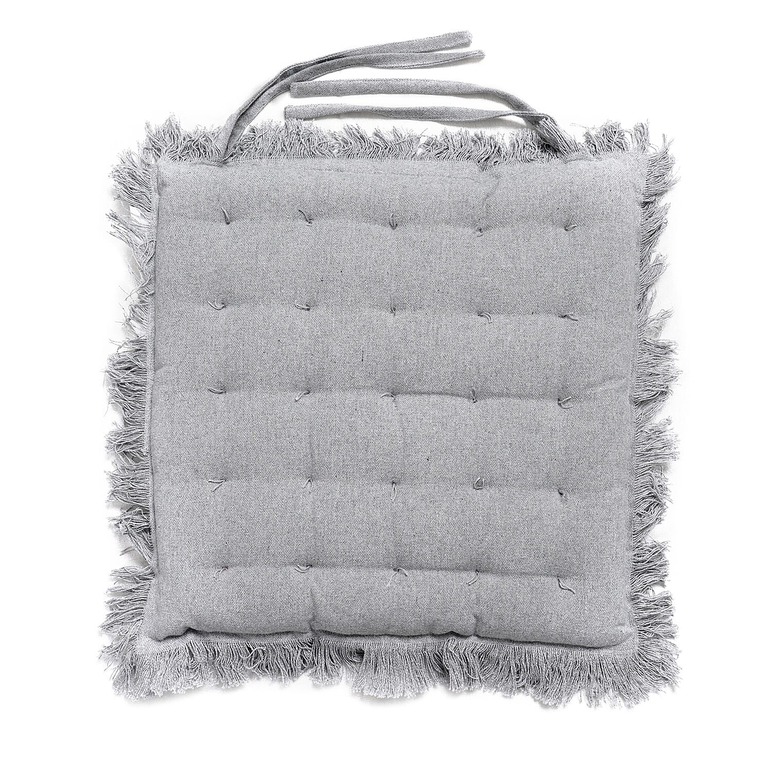 Set of 2 Gray Cotton Chair Pad with Fringes Filling
