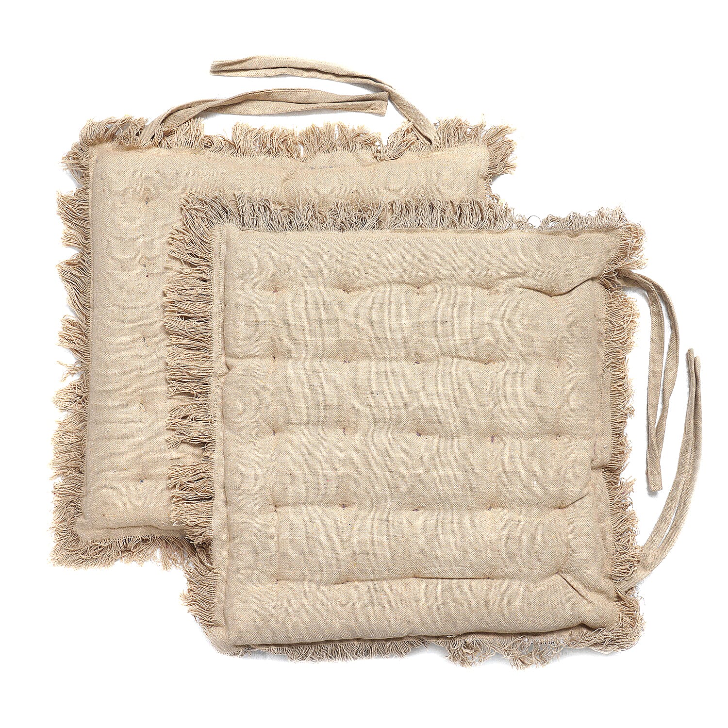 Set of 2 Beige Cotton Chair Pad with Fringes Filling