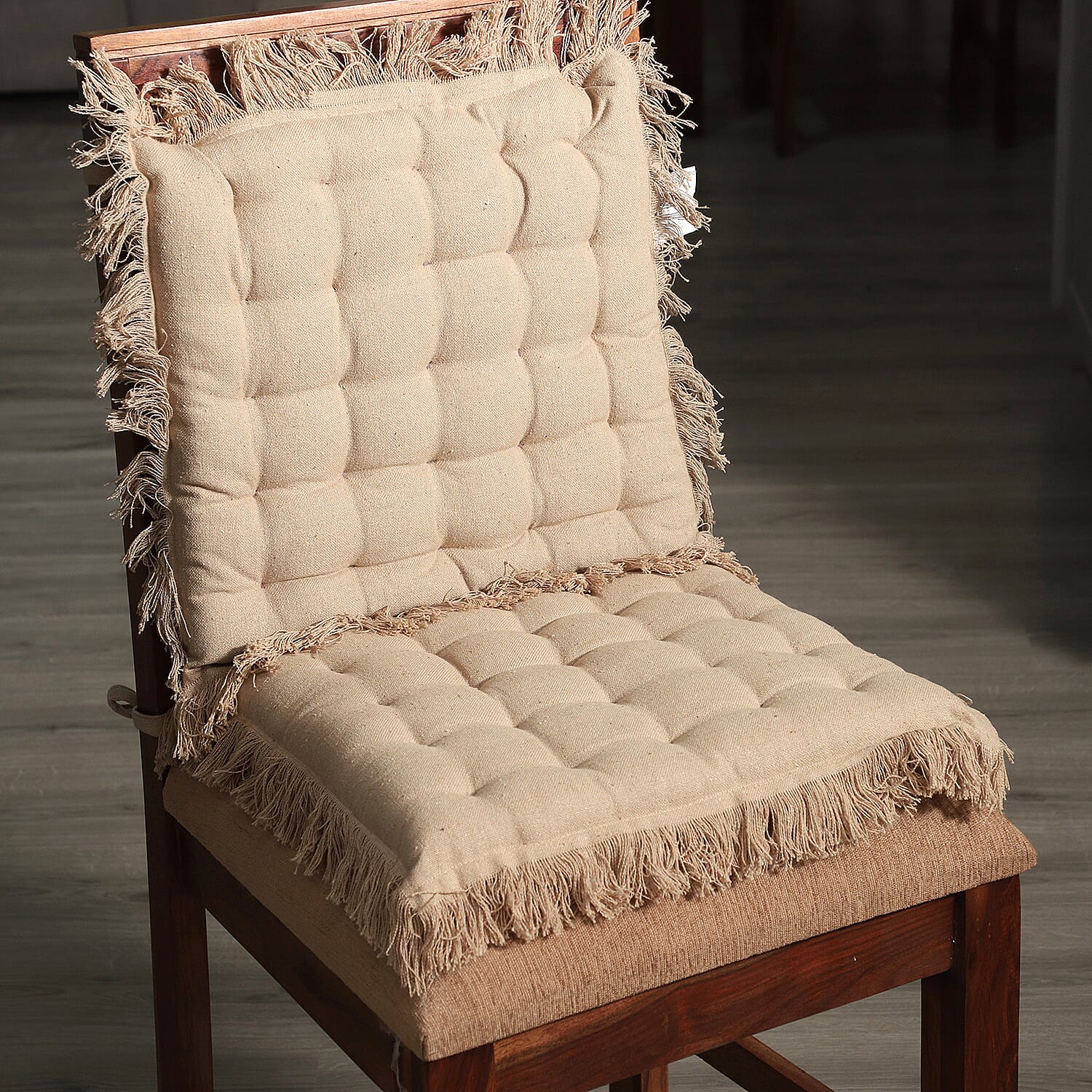Set of 2 Beige Cotton Chair Pad with Fringes Filling