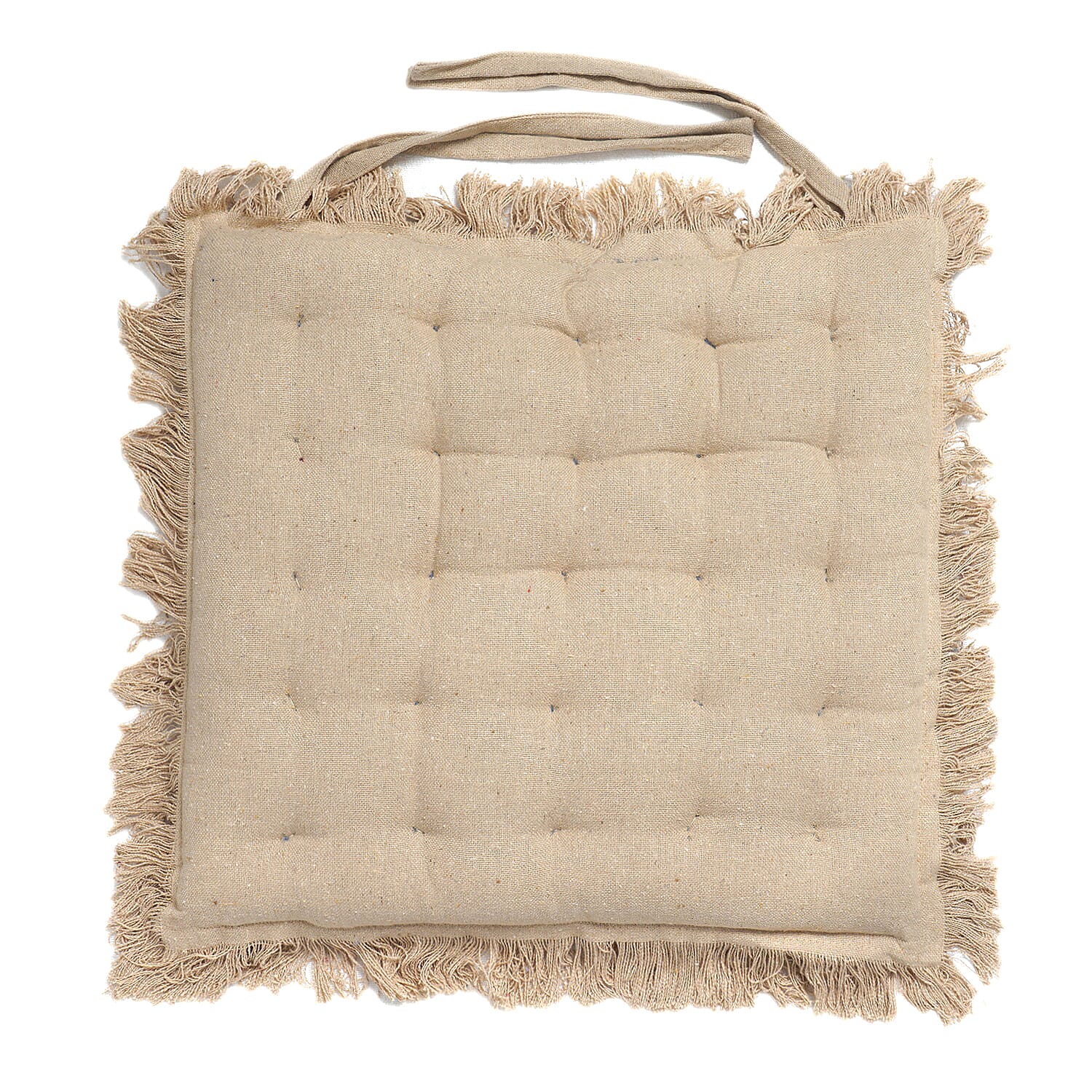 Set of 2 Beige Cotton Chair Pad with Fringes Filling