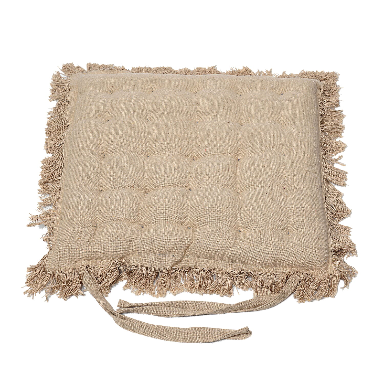 Set of 2 Beige Cotton Chair Pad with Fringes Filling