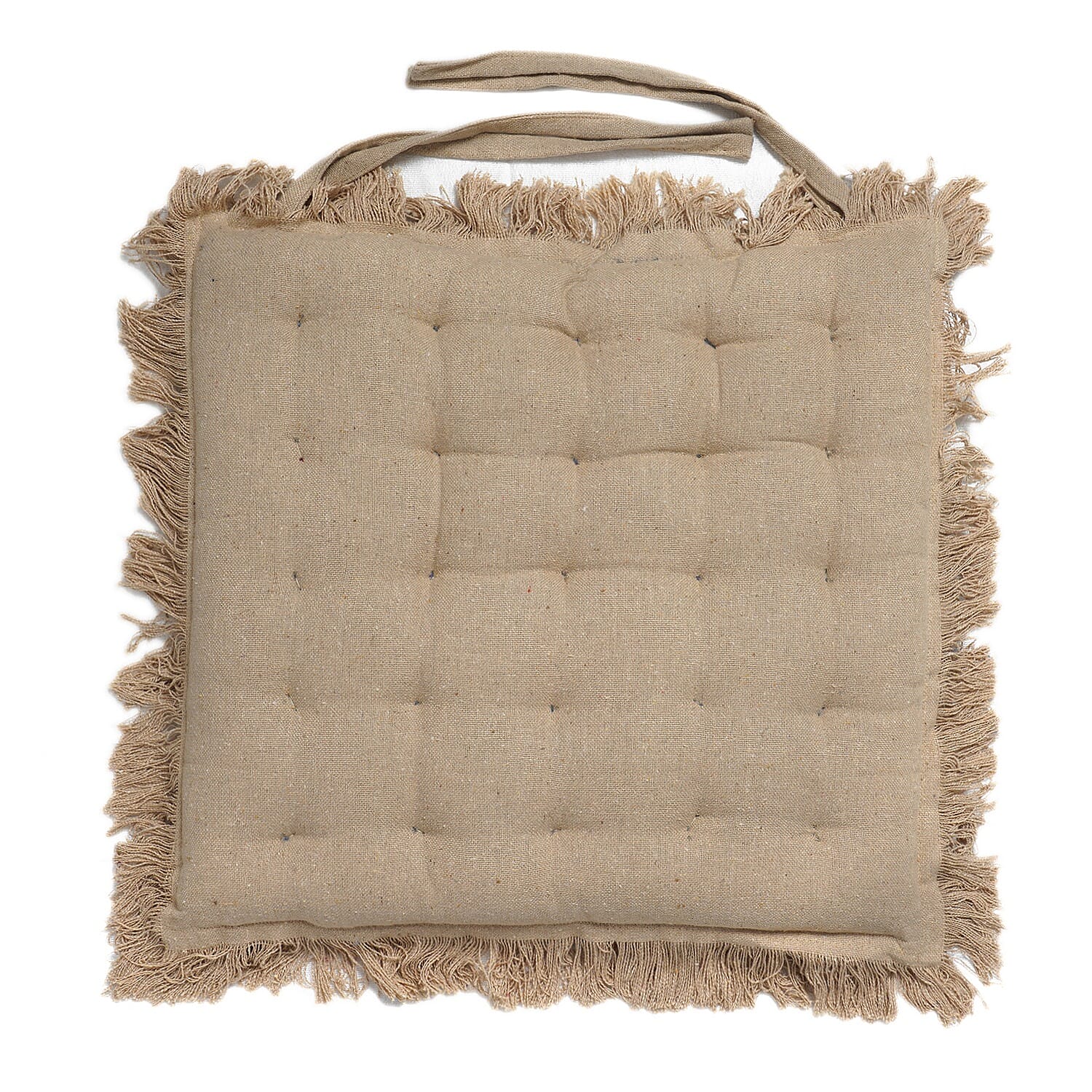 Set of 2 Beige Cotton Chair Pad with Fringes Filling