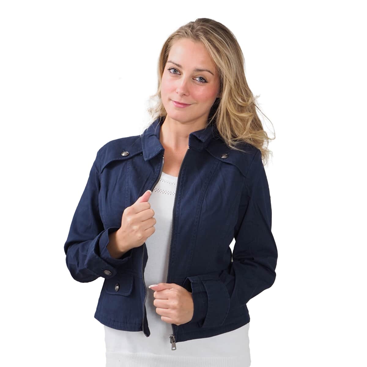 BACCINI Navy Zipper Twill Jacket with Flap and Peplum (2X, 98% Cotton and 2% Spandex) image number 0