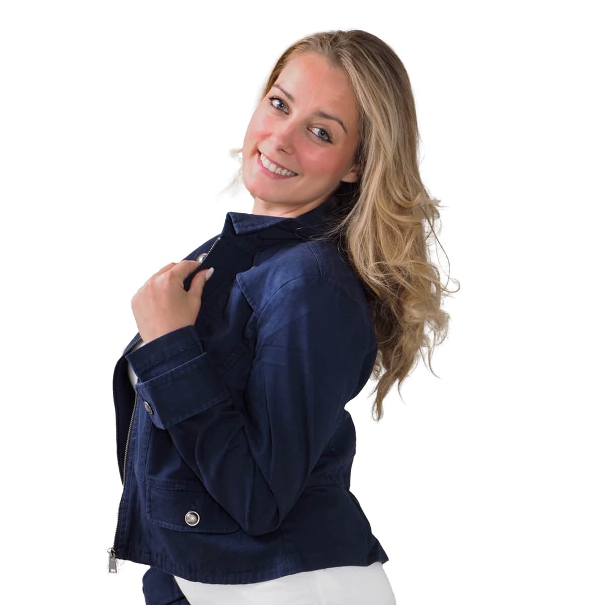 BACCINI Navy Zipper Twill Jacket with Flap and Peplum (2X, 98% Cotton and 2% Spandex) image number 1