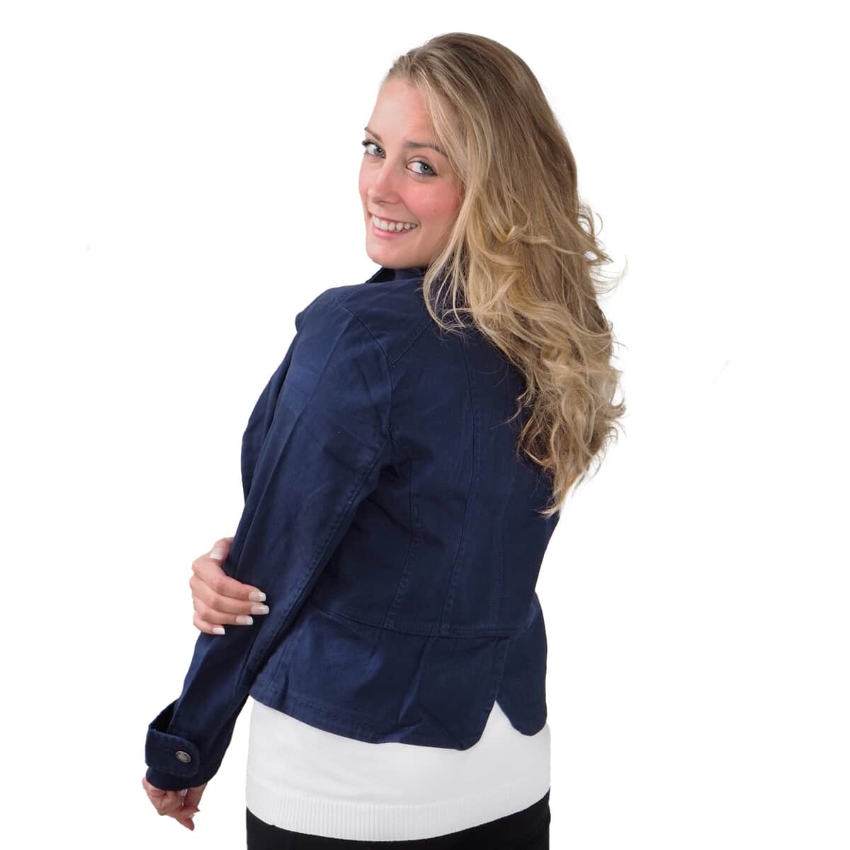 BACCINI Navy Zipper Twill Jacket with Flap and Peplum (2X, 98% Cotton and 2% Spandex) image number 2