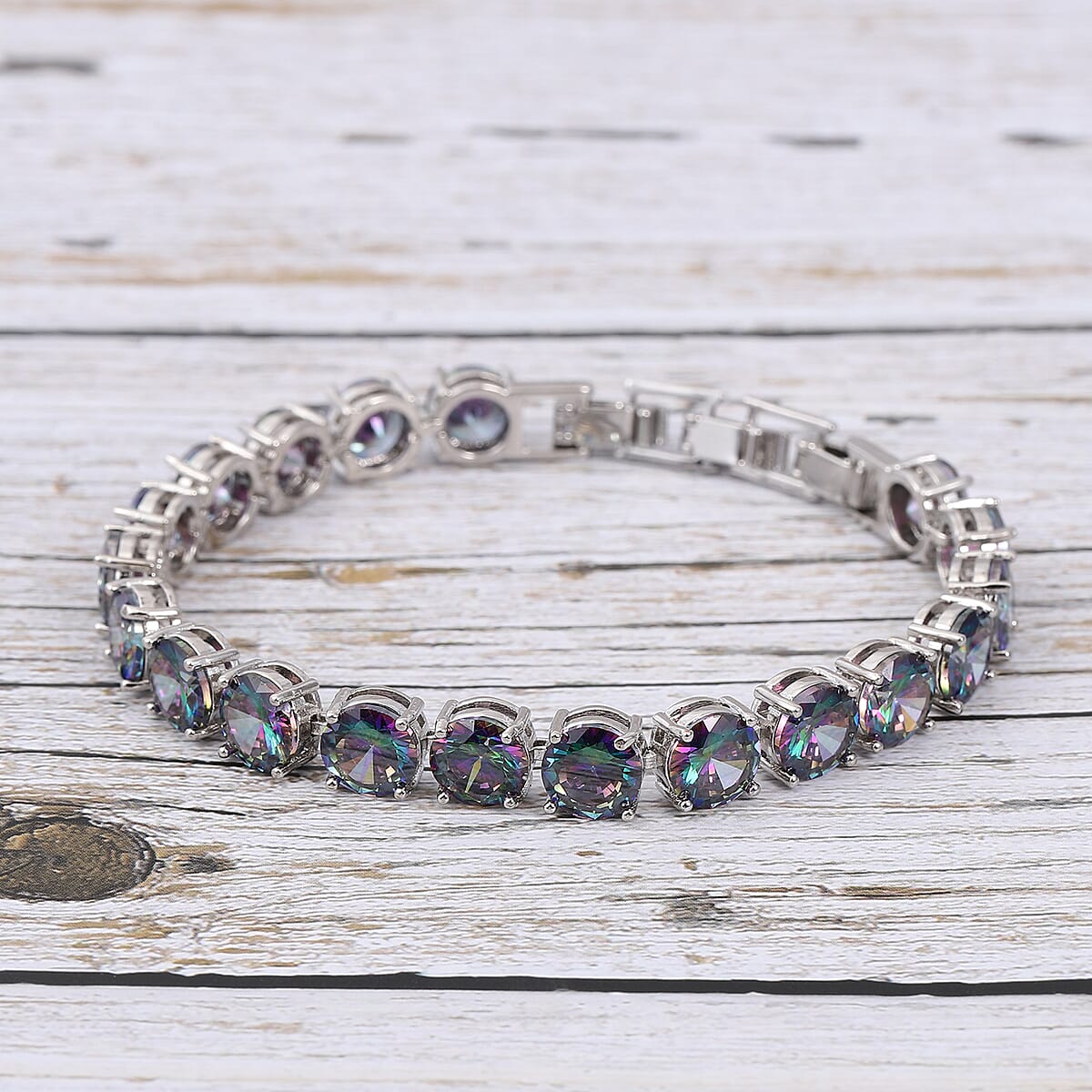Simulated Mystic Color Topaz Tennis Bracelet in Silvertone (Adjustable Fit) image number 1