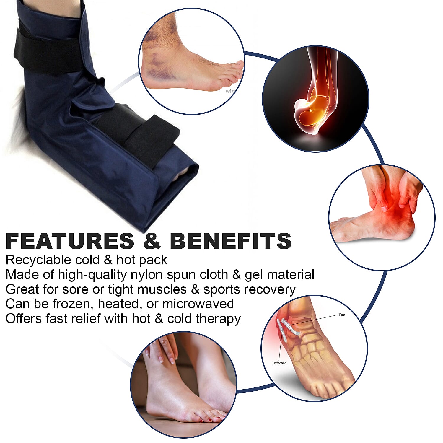 Dark Blue Nylon Spun Cloth and Gel Recyclable Ankle Cold and Hot Pack