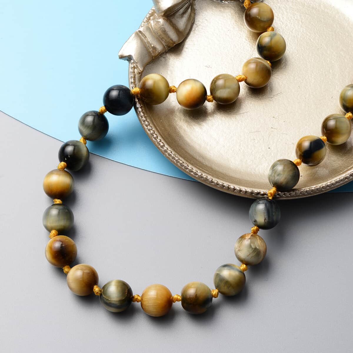 Bi-Color Tiger Eye Beaded Necklace 20 Inches with Magnetic Clasp in Sterling Silver 327.50 ctw image number 1