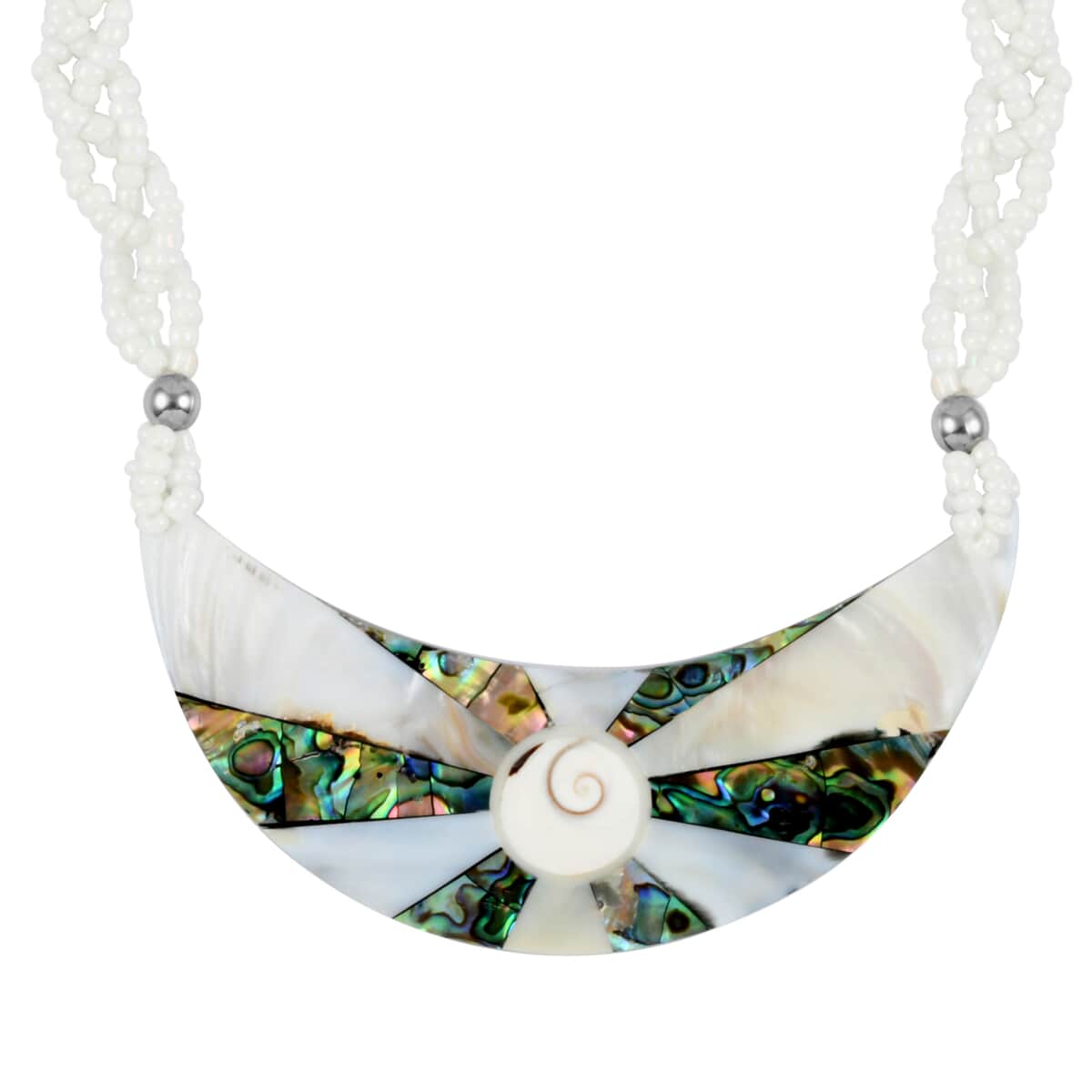 White Seed Bead Bib Necklace in Silvertone (22 Inches) image number 0