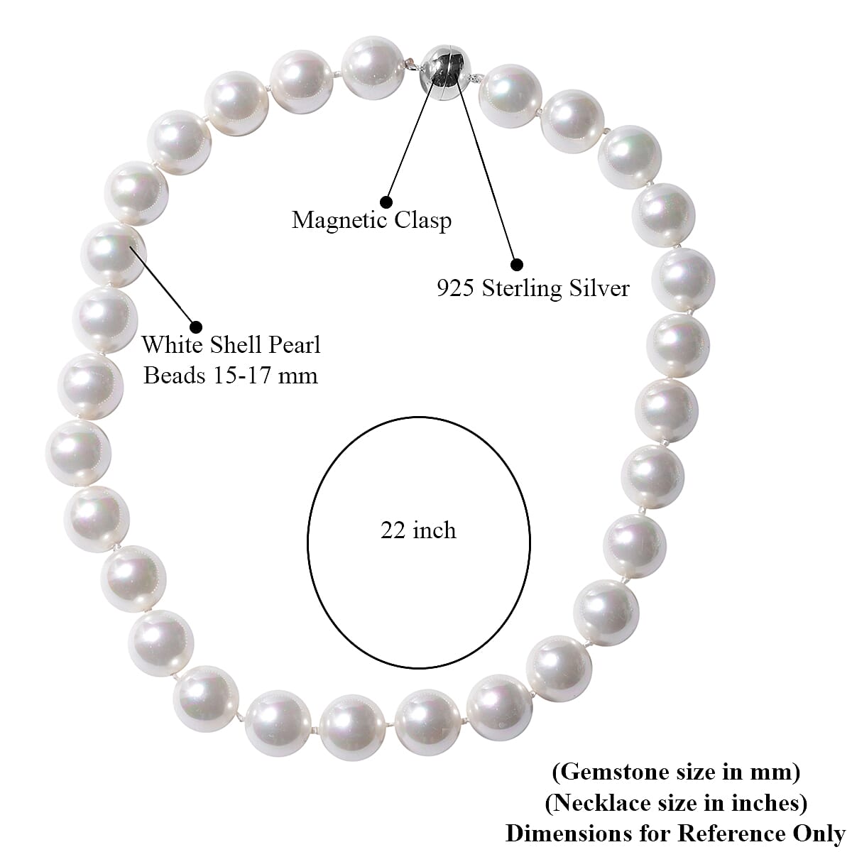 White Shell Pearl Beaded Necklace 22 Inches with Magnetic Lock in Sterling Silver