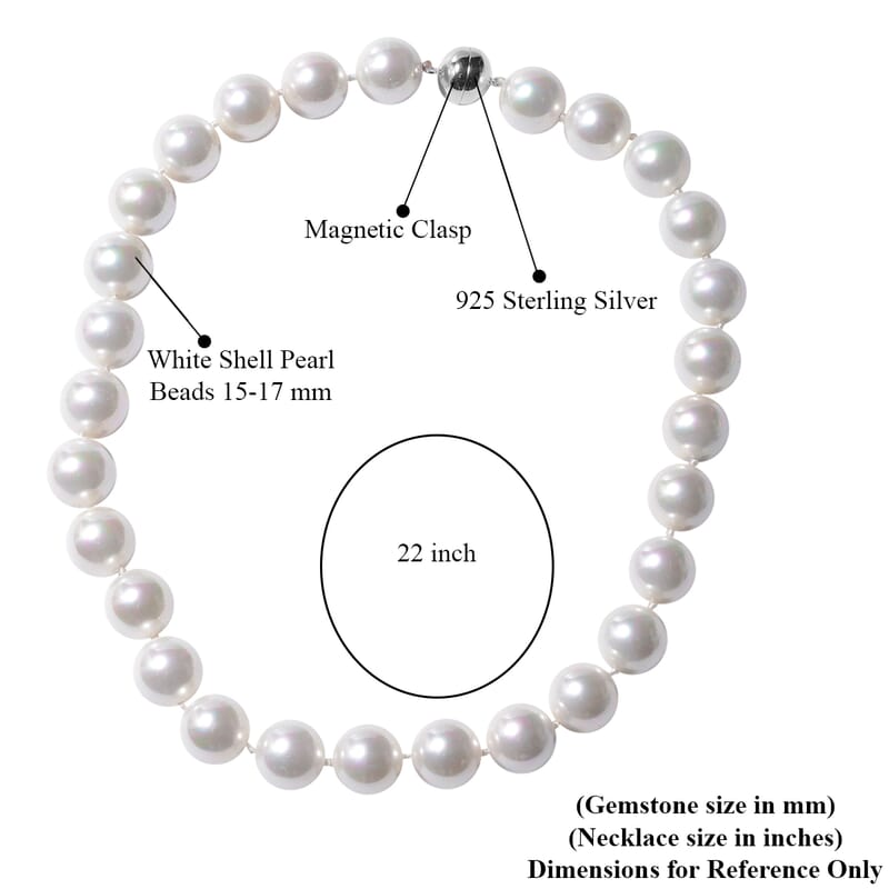 White Shell Pearl Beaded Necklace 22 Inches with Magnetic Lock in Sterling Silver